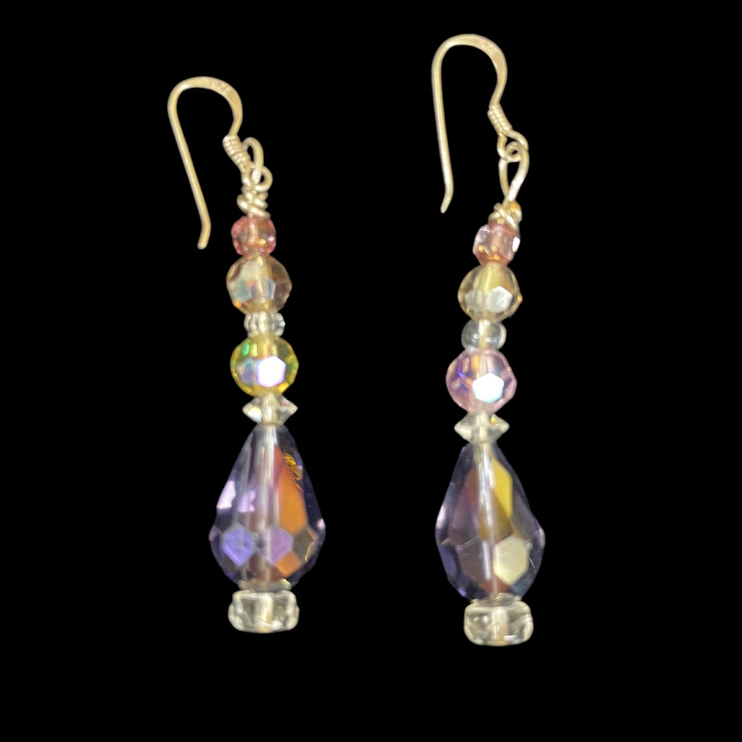 Handmade Vintage & Crystal Bead Earrings Purple with Clear & Pink