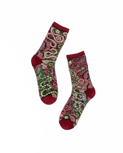 Serpentine Floral Black Sheer Crew Sock: Fits US W5.5-9.5