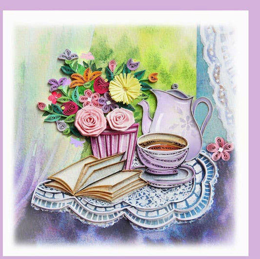 Tea and book Quilling card, everyday card, greeting card EV-21