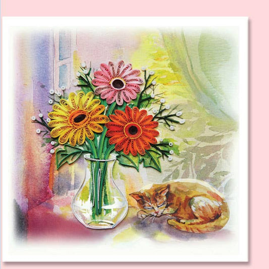 Daisy & cat quilling card, greeting card, paper art, everyday card FL-45