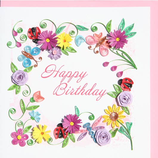 Birthday Pink flower & dragonfly Quilling Card