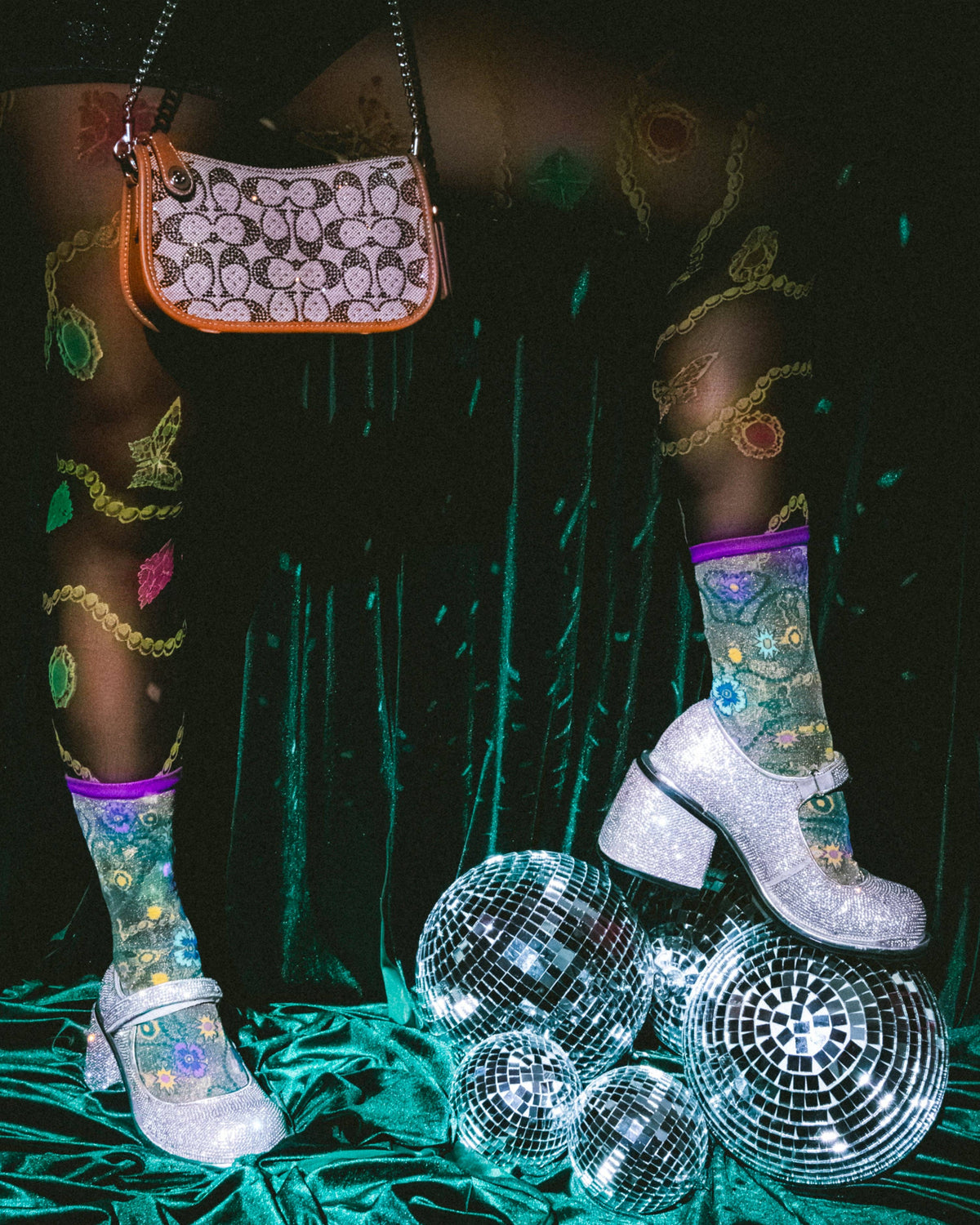 Jeweled Floral Gold Shimmer Sheer Crew Sock