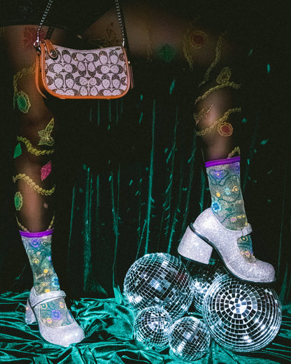 Jeweled Floral Gold Shimmer Sheer Crew Sock